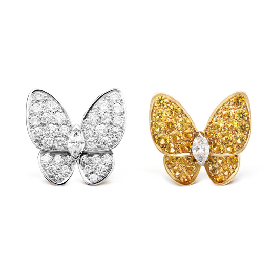 Two Butterfly earrings, 18K yellow and white gold, rhodium plated, round and marquise-cut diamonds