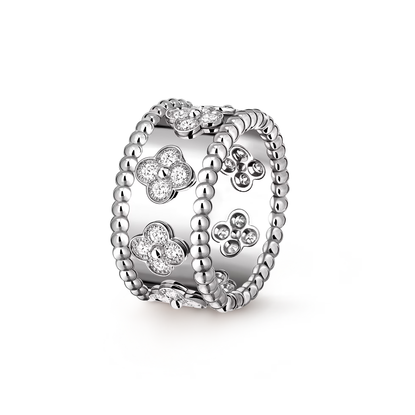 Perlée clovers ring, rhodium plated 18K white gold, round diamonds, medium model.