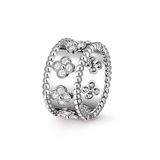 Perlée clovers ring, rhodium plated 18K white gold, round diamonds, medium model.