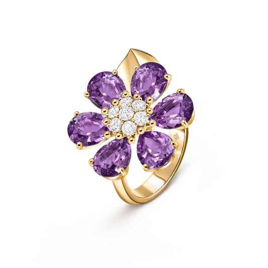 Fleurs d’Hawaï ring, large model, 18K yellow gold, amethysts, round diamonds.