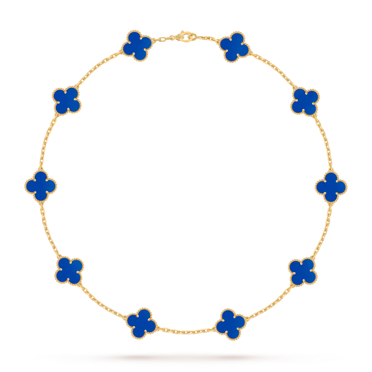 Vintage Alhambra necklace, 10 motifs, 18K yellow gold, blue agate.