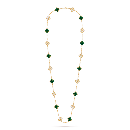 Vintage Alhambra long necklace, 20 motifs, 18K yellow gold, malachite, round diamonds