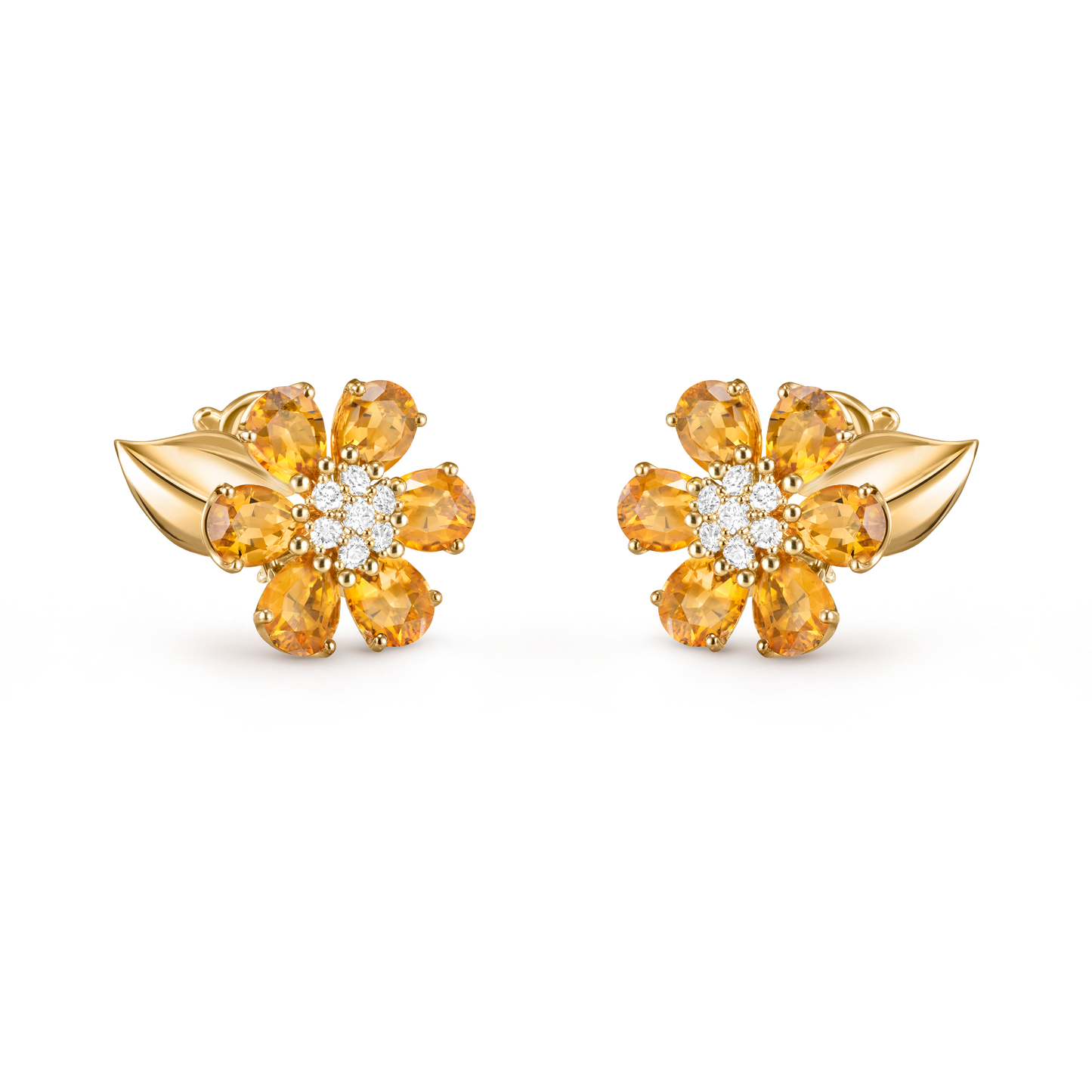 Fleurs d’Hawaï earrings, small model, 18K yellow gold, citrines, round diamonds.