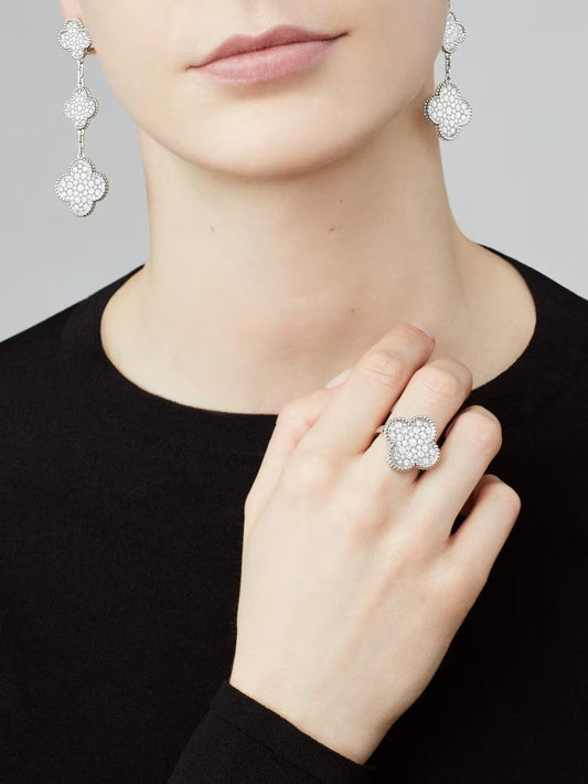 Magic Alhambra earrings, 3 motifs, rhodium plated 18K white gold, round diamonds