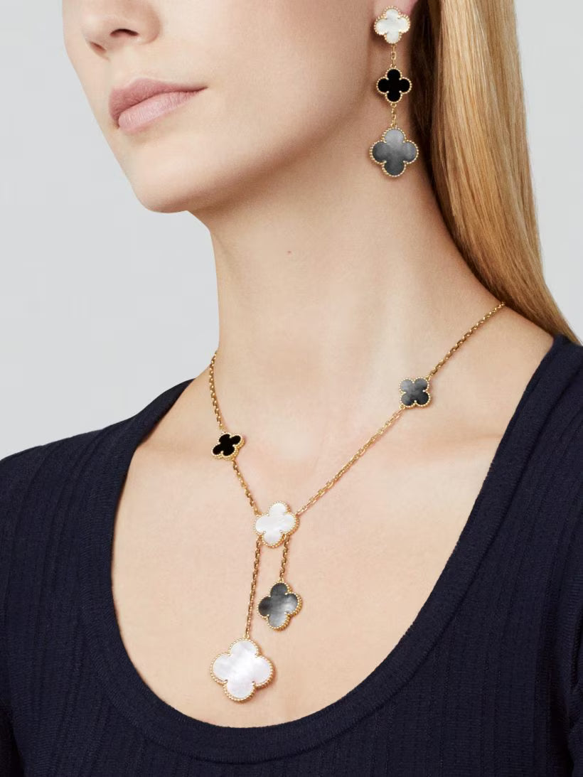Magic Alhambra earrings, 3 motifs, 18K yellow gold, white and gray mother-of-pearl, onyx.