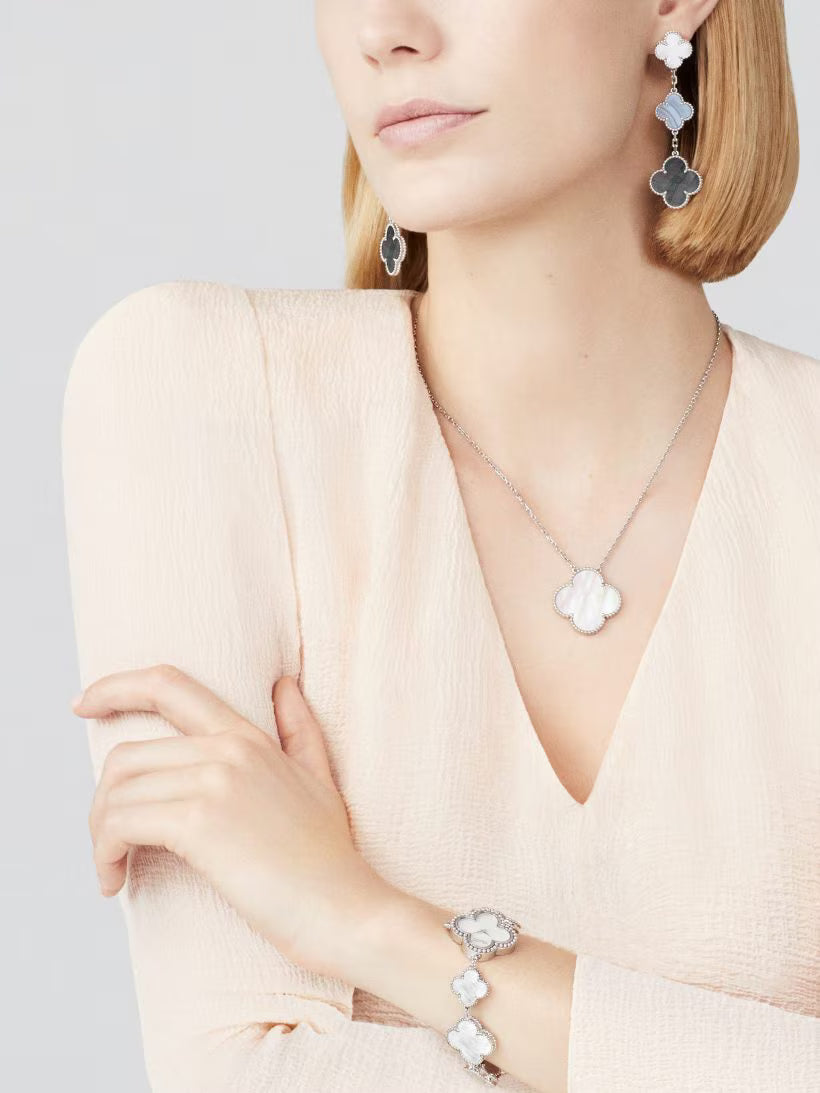 Magic Alhambra earrings, 3 motifs, rhodium plated 18K white gold, white and gray mother-of-pearl, chalcedony.