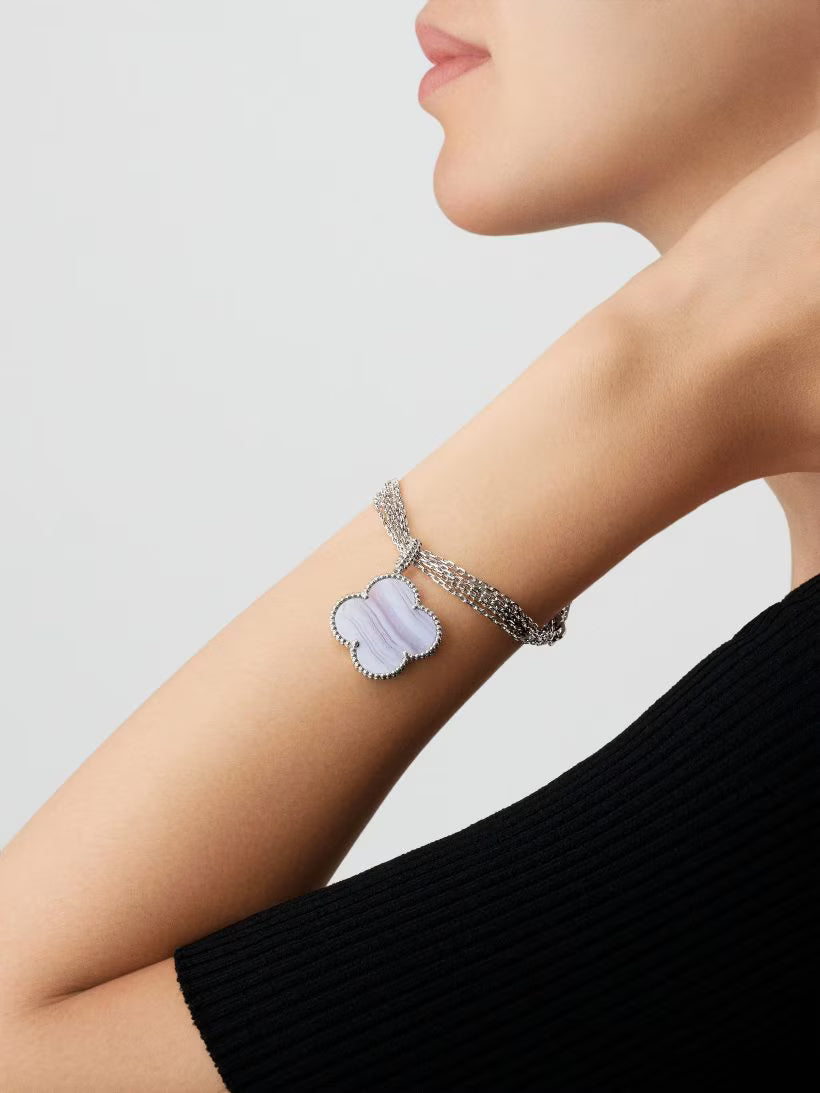 Magic Alhambra long necklace, 1 motif, rhodium plated 18K white gold, chalcedony.