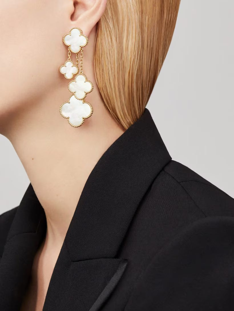 Magic Alhambra earrings, 4 motifs, 18K yellow gold, white mother-of-pearl.