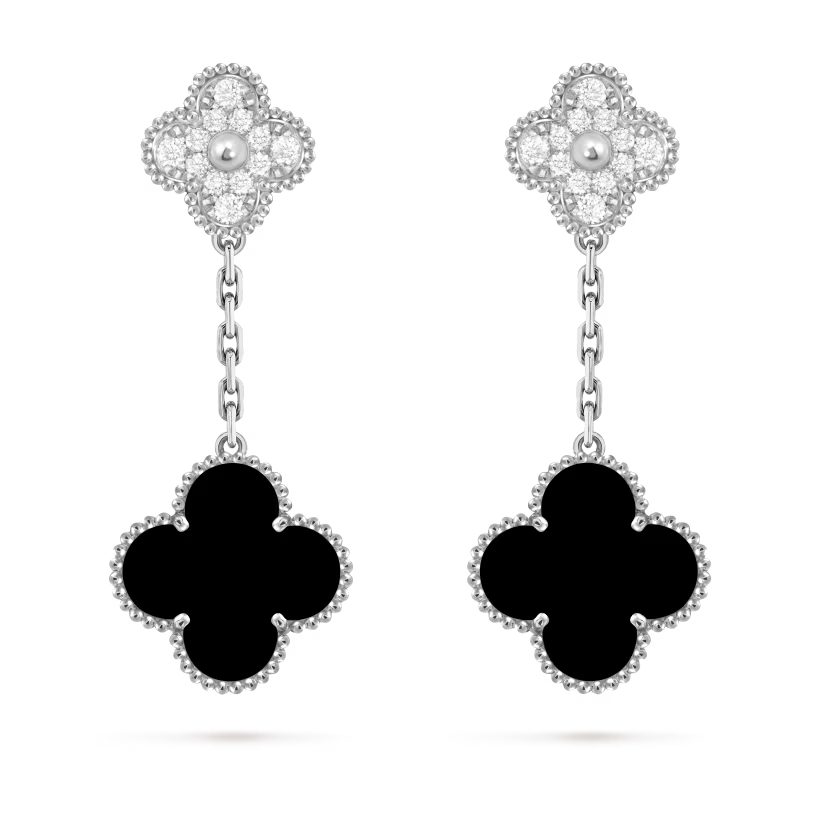 Magic Alhambra earrings, 2 motifs, rhodium plated 18K white gold, onyx, round diamonds