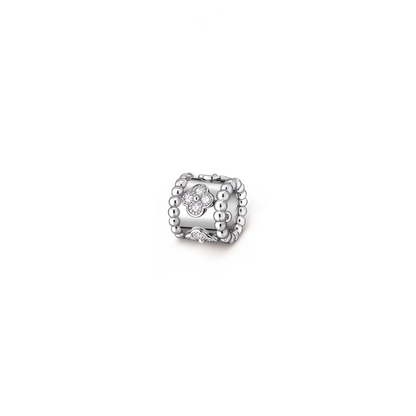 Perlée clovers pendant, rhodium plated 18K white gold, round diamonds.