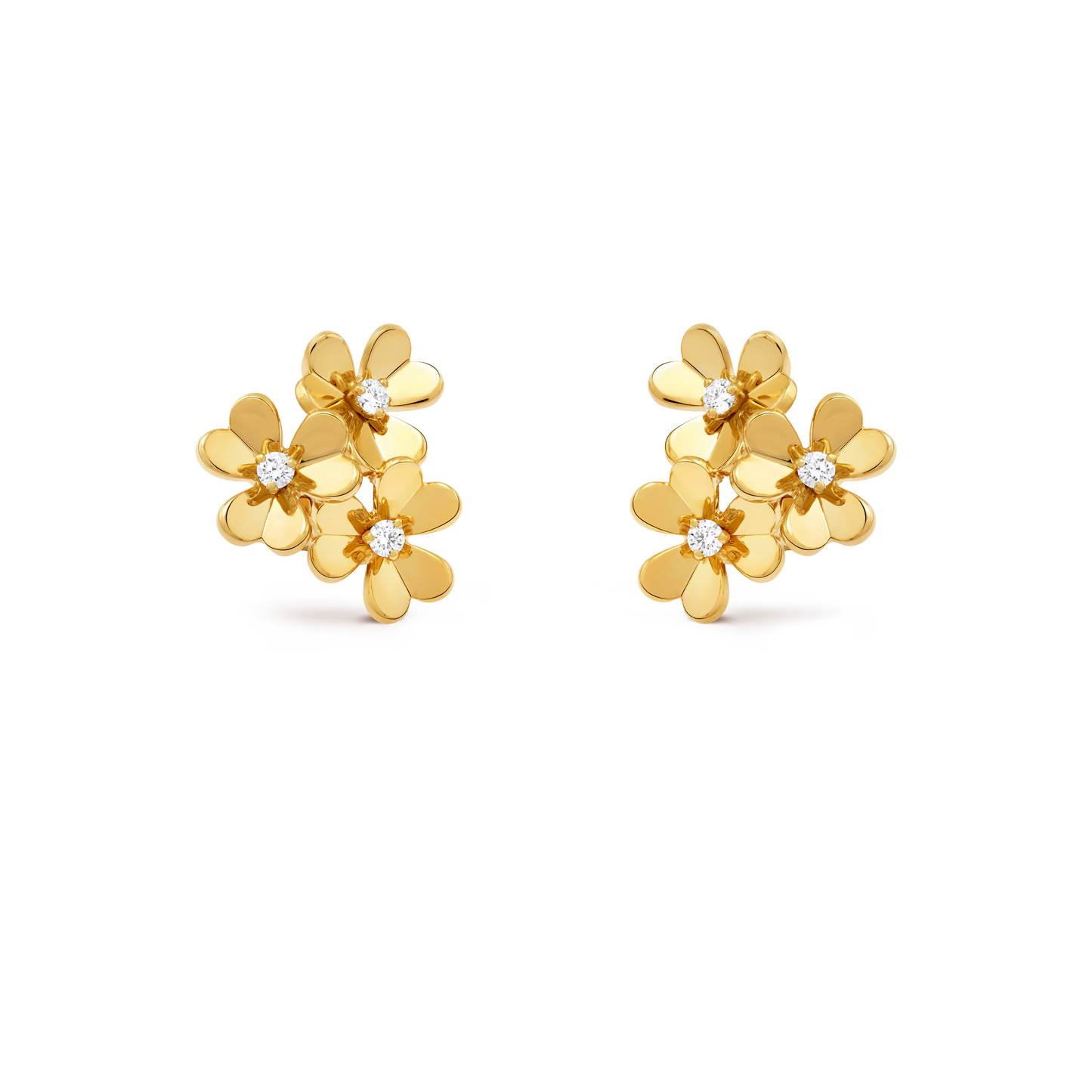 Frivole earrings, 3 flowers, mini model, 18K yellow gold, round diamonds.