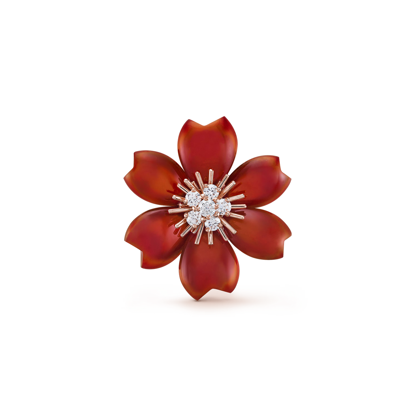 Rose de Noël clip pendant, small model, 18K rose gold, carnelian, round diamonds.