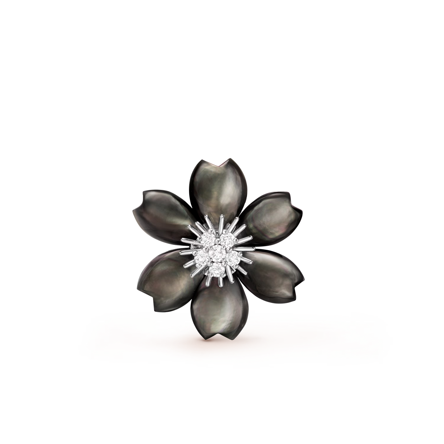 Rose de Noël clip pendant, small model, rhodium plated 18K white gold, gray mother-of-pearl, round diamonds.