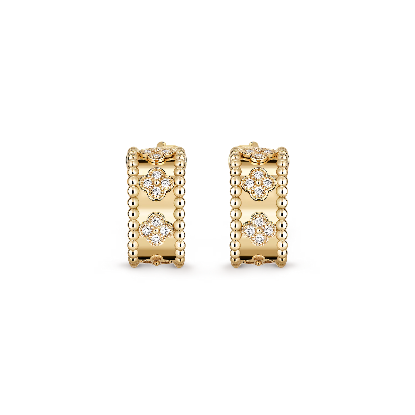 Perlée clovers hoop earrings, 18K yellow gold, round diamonds.