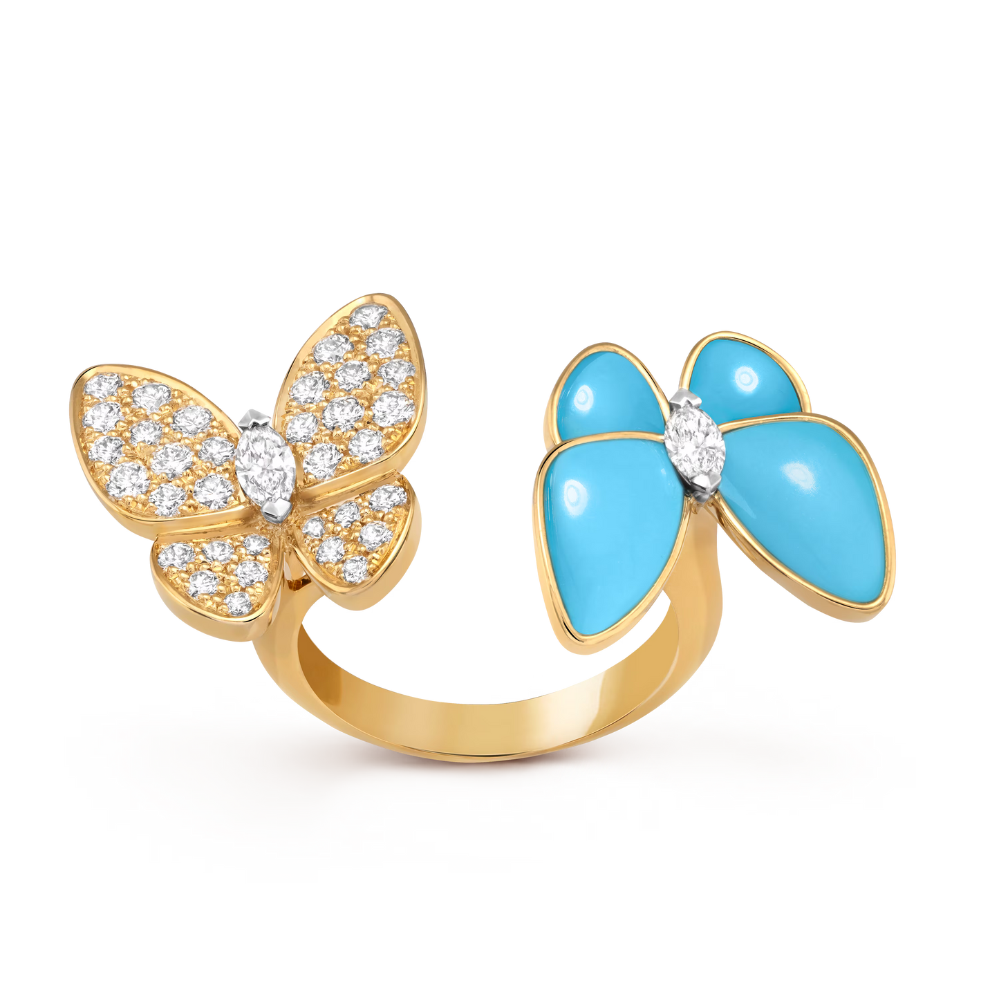 Two Butterfly Between the Finger ring, 18K yellow gold, turquoise, round diamonds, rhodium plated 18K white gold, marquise-cut diamonds,