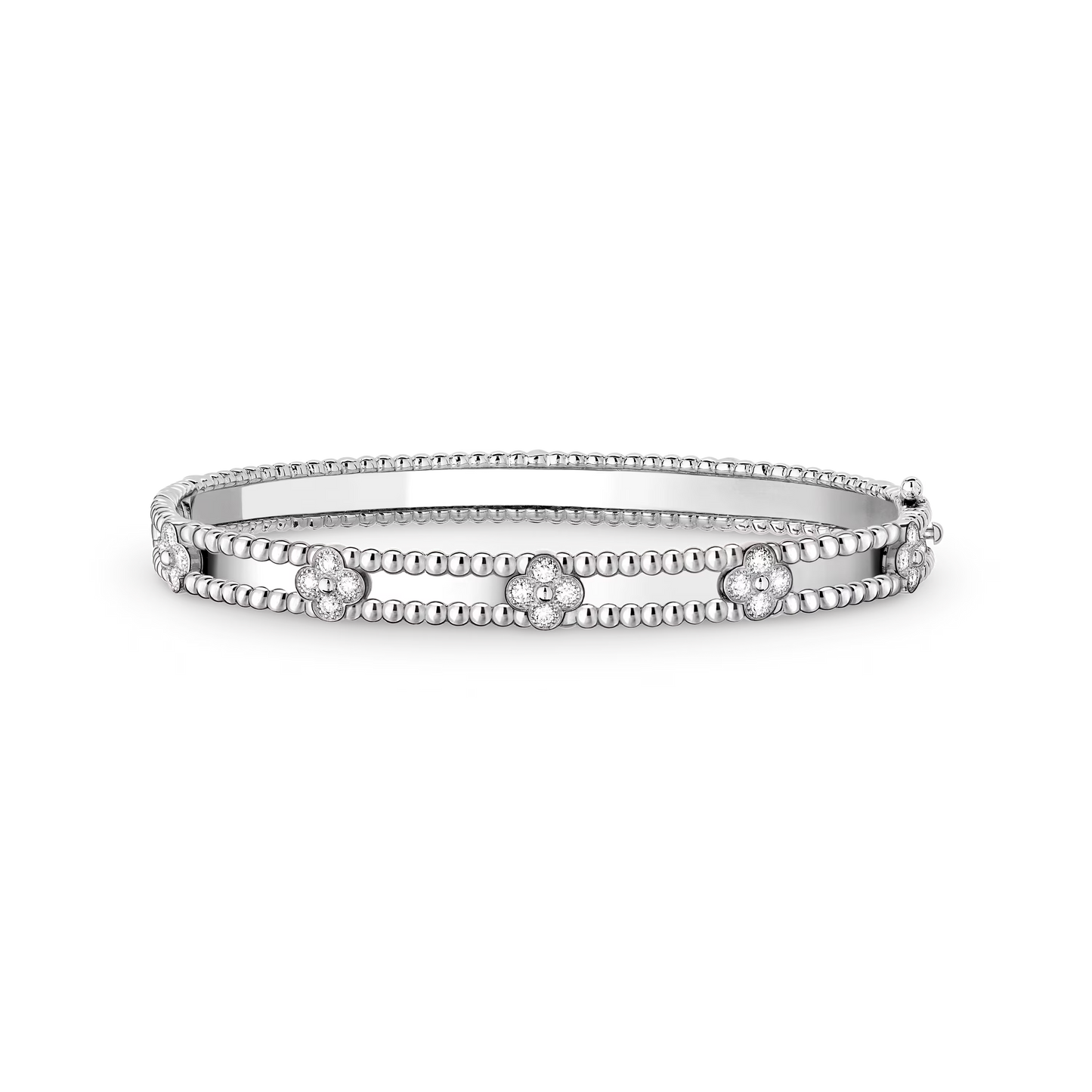 Perlée sweet clovers bracelet, rhodium plated 18K white gold, round diamonds, medium model.