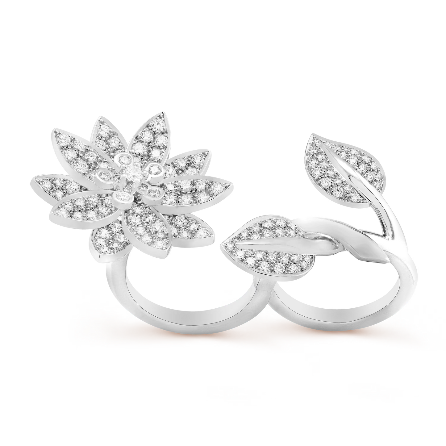 Lotus Between the Finger ring, rhodium plated 18K white gold, round diamonds.