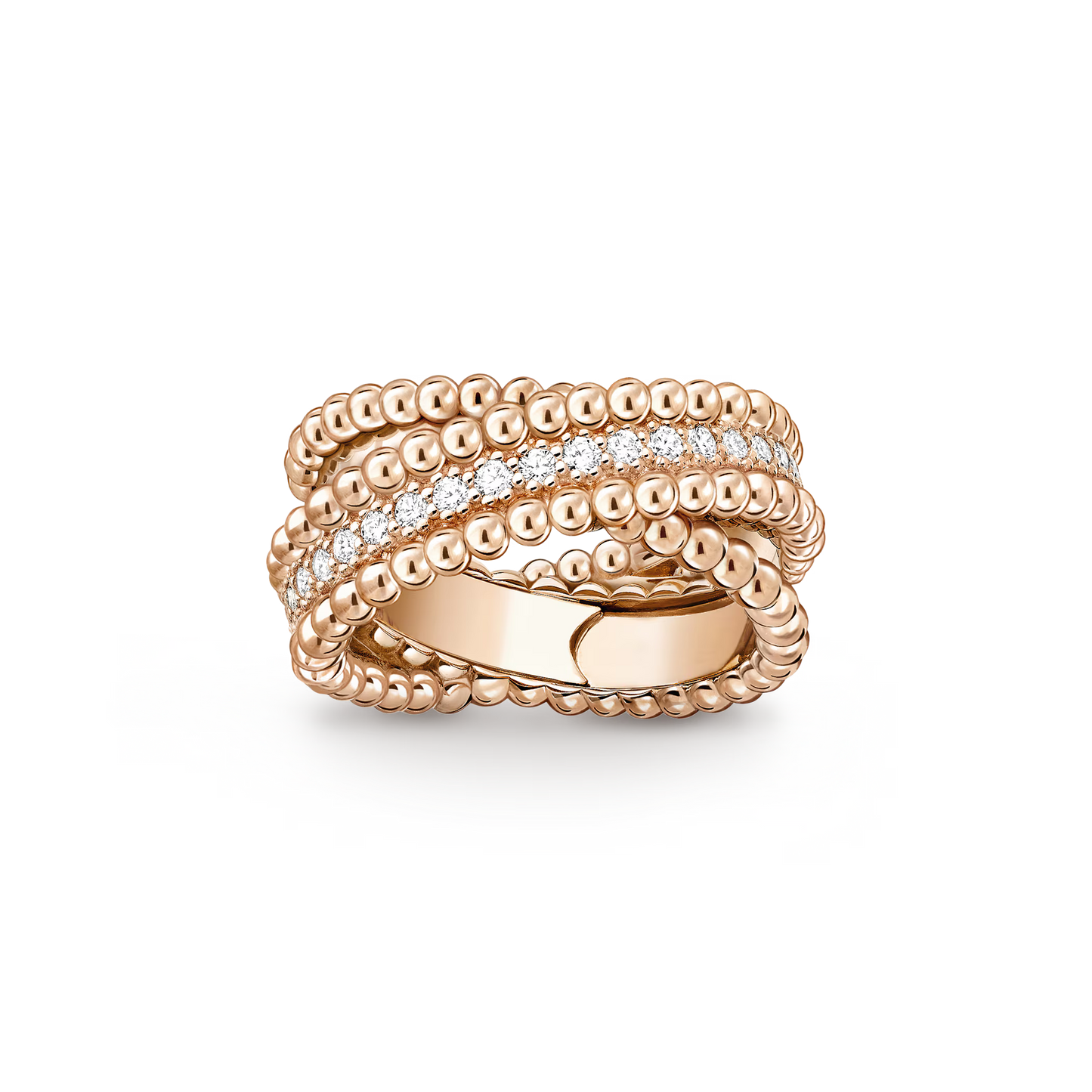 Perlée diamonds duo ring, 18K rose gold, round diamonds.