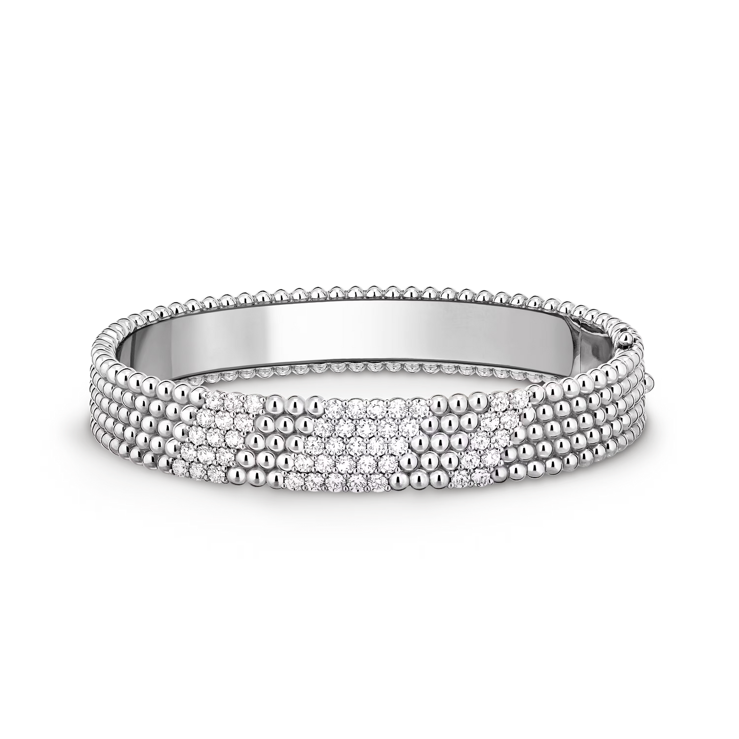 Perlée diamonds bracelet, 5 rows, rhodium plated 18K white gold, round diamonds, medium model.