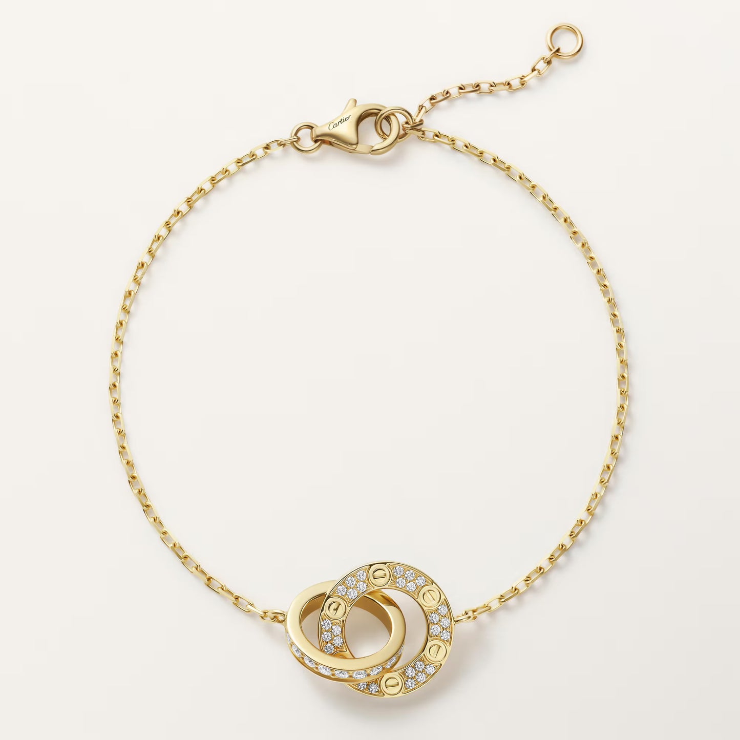 LOVE bracelet 18K yellow gold, on chain, paved.