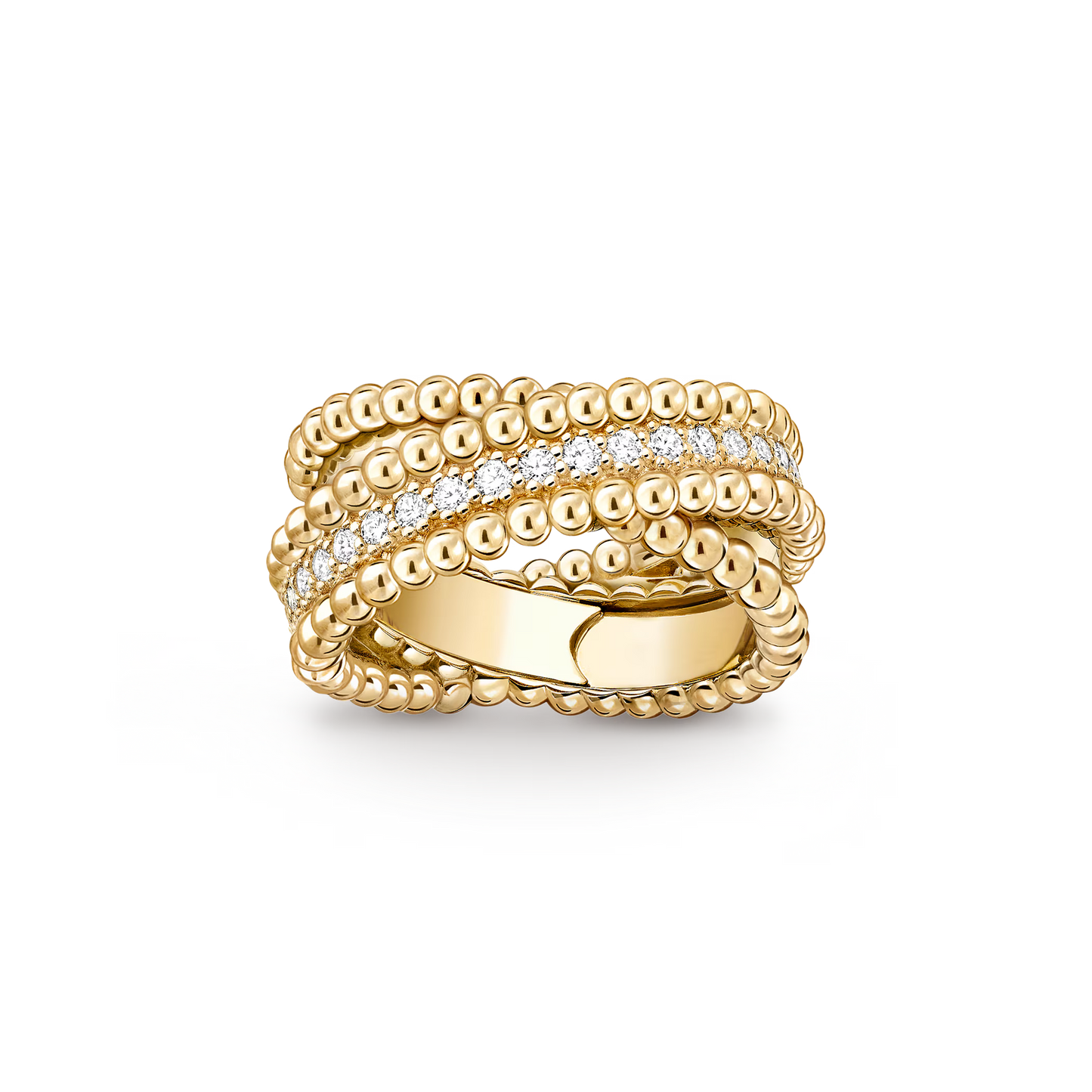 Perlée diamonds duo ring, 18K yellow gold, round diamonds.