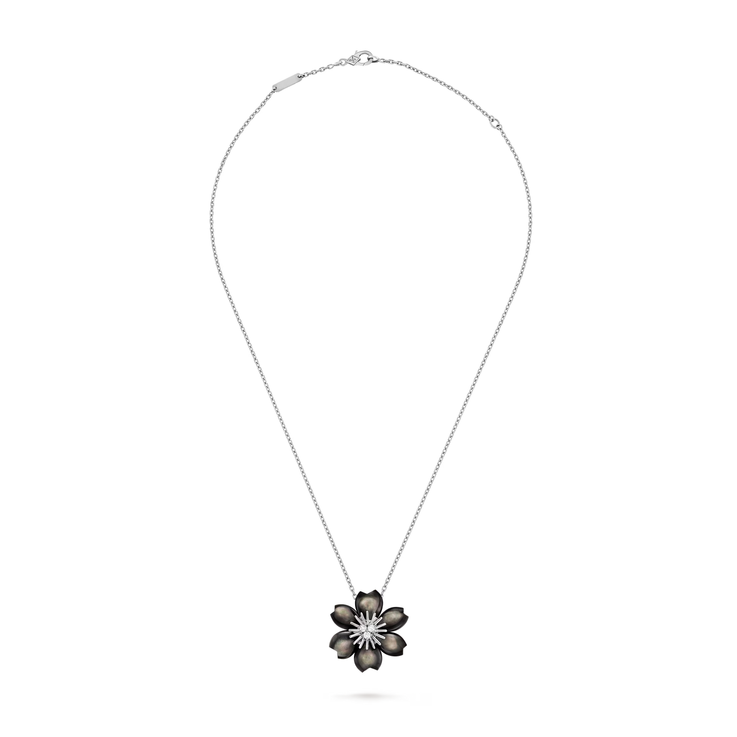Rose de Noël pendant, mini model, rhodium plated 18K white gold, gray mother-of-pearl, round diamonds.