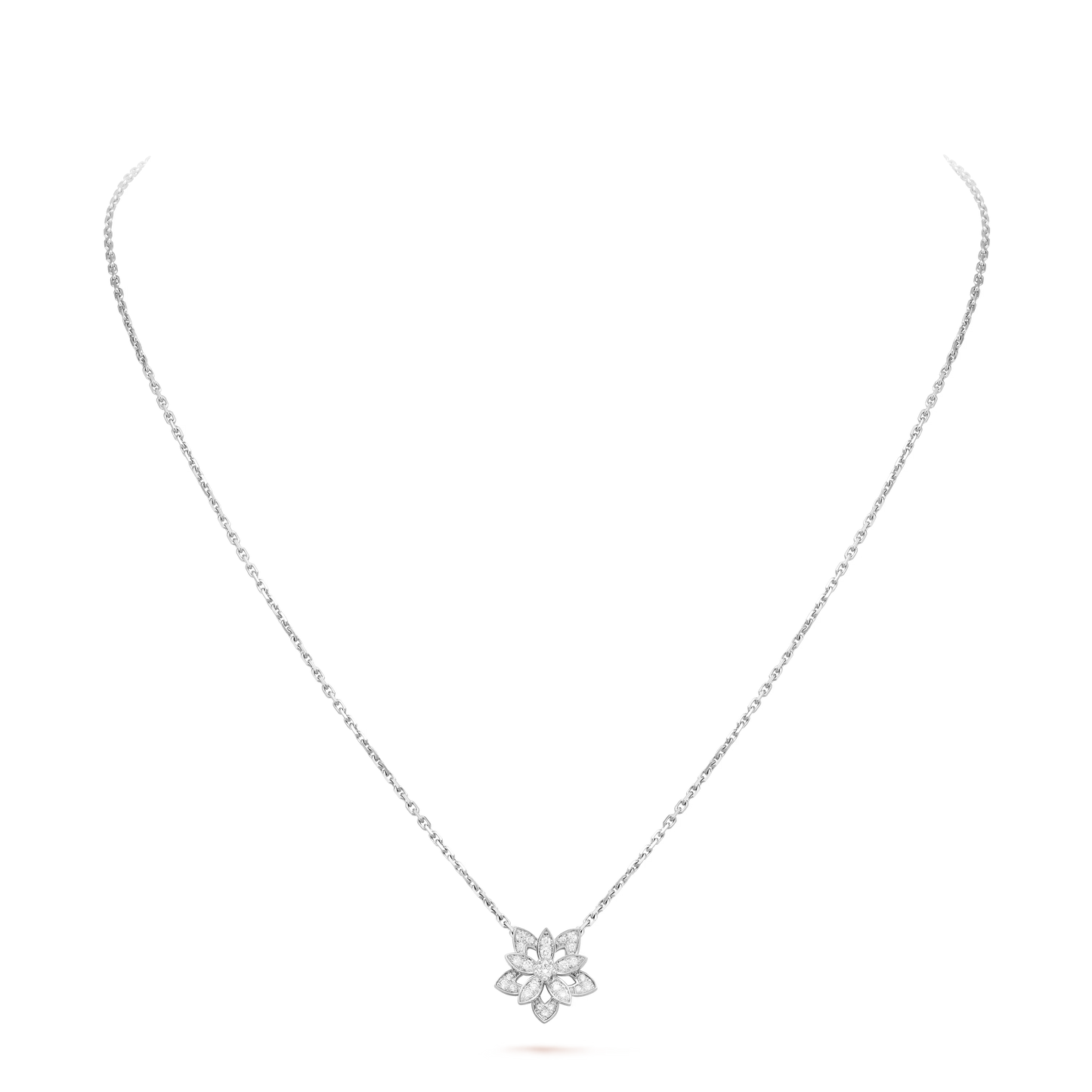 Lotus openwork pendant, mini model, rhodium plated 18K white gold, round diamonds.