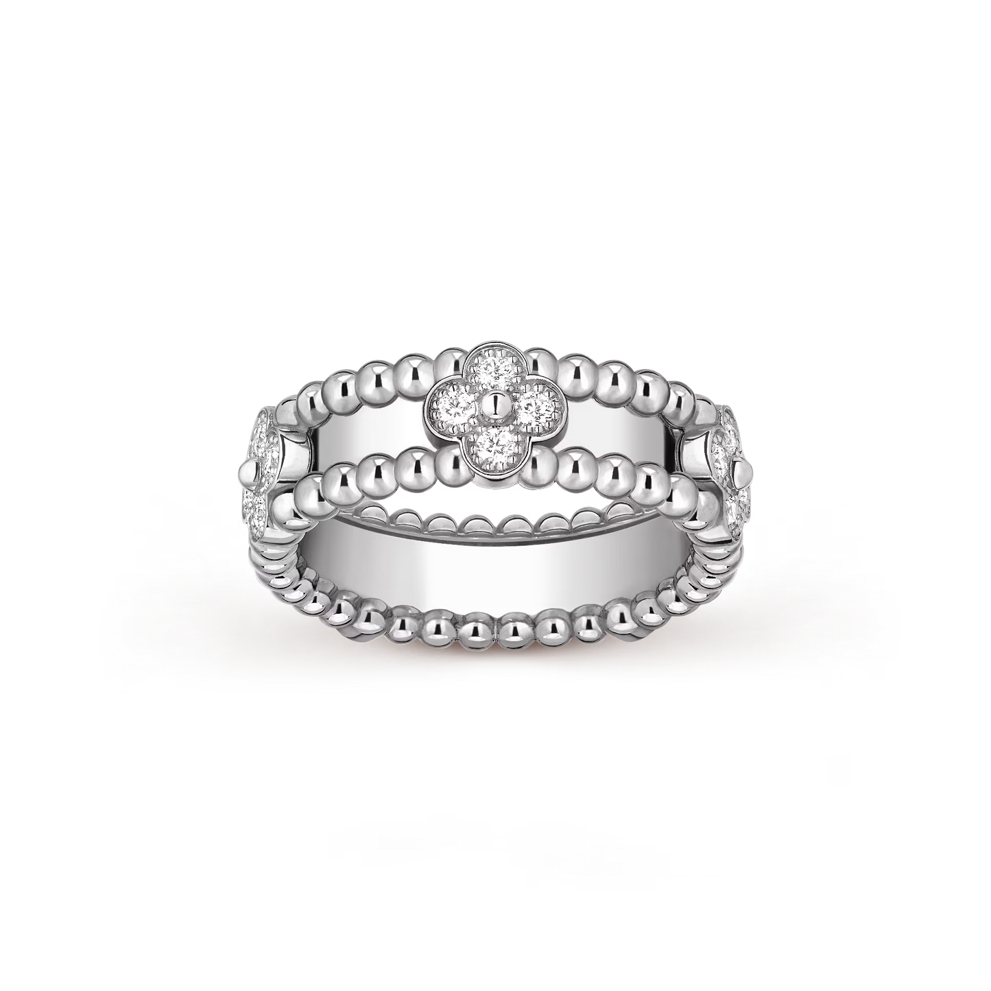 Perlée sweet clovers ring, rhodium plated 18K white gold, round diamonds.