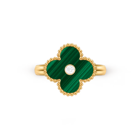 Vintage Alhambra ring, 18K yellow gold, malachite, round diamond