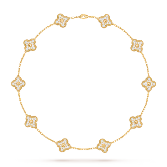 Vintage Alhambra necklace, 10 motifs, 18K yellow gold, round diamonds