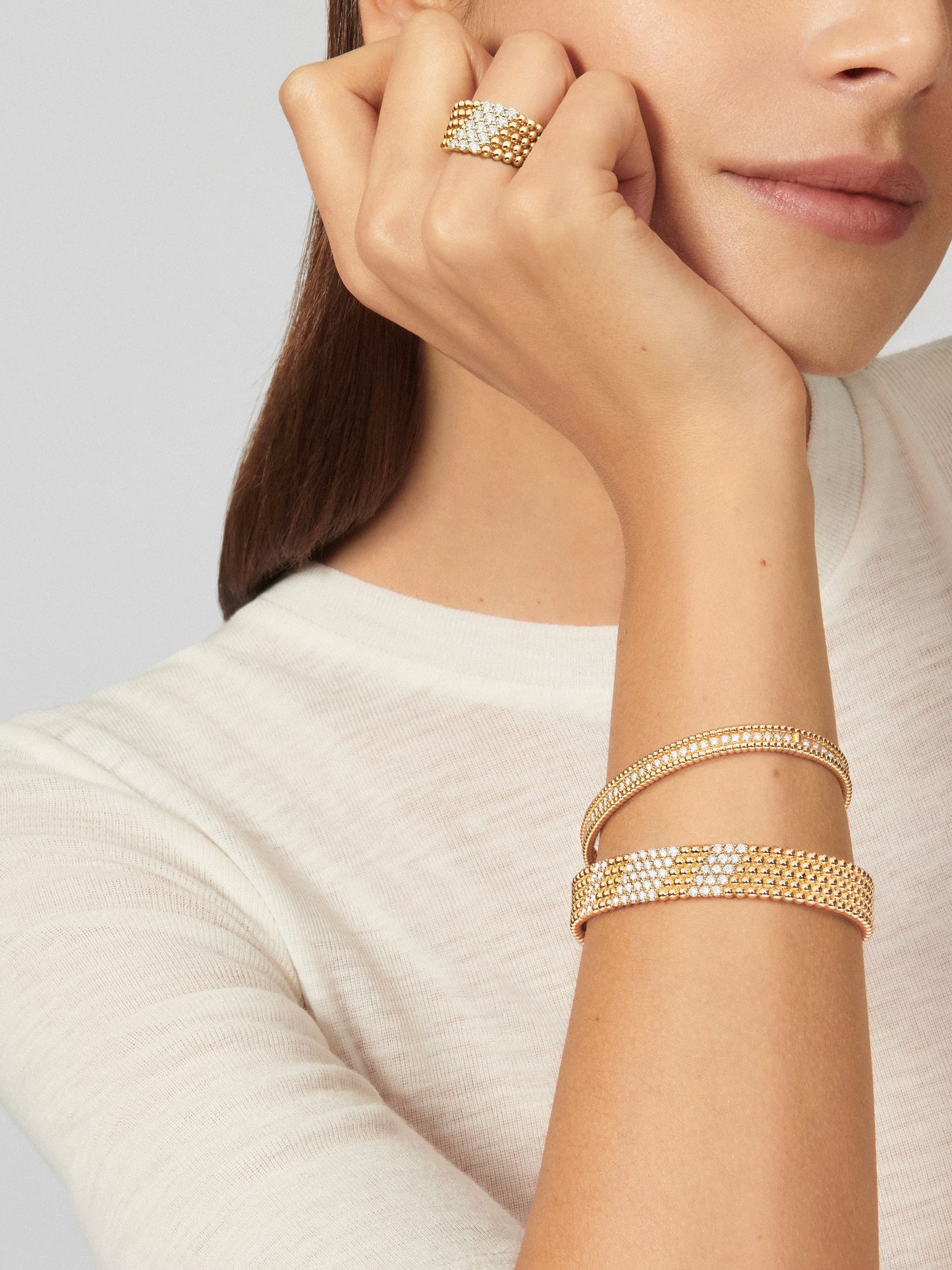 Perlée diamonds bracelet, 5 rows, 18K yellow gold, round diamonds, medium model.