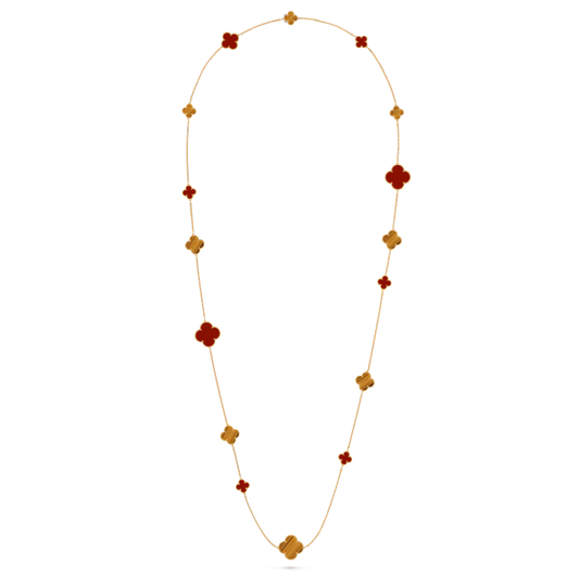 Magic Alhambra long necklace, 16 motifs, 18K yellow gold, carnelian, tiger’s eye.