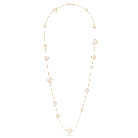 Magic Alhambra long necklace, 16 motifs, 18K yellow gold, white mother-of-pearl.