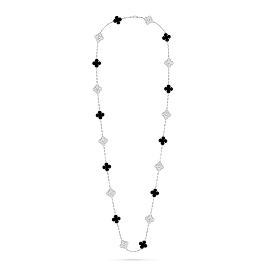 Vintage Alhambra long necklace, 20 motifs, rhodium plated 18K white gold, onyx, round diamonds
