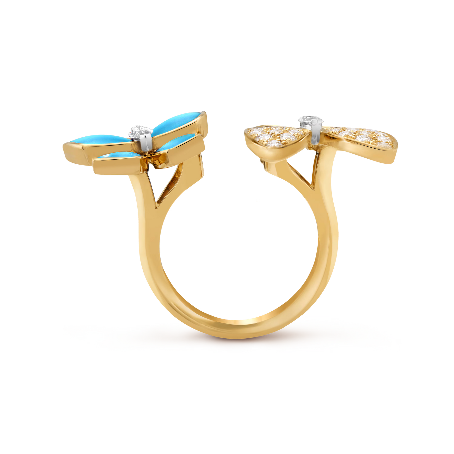 Two Butterfly Between the Finger ring, 18K yellow gold, turquoise, round diamonds, rhodium plated 18K white gold, marquise-cut diamonds,