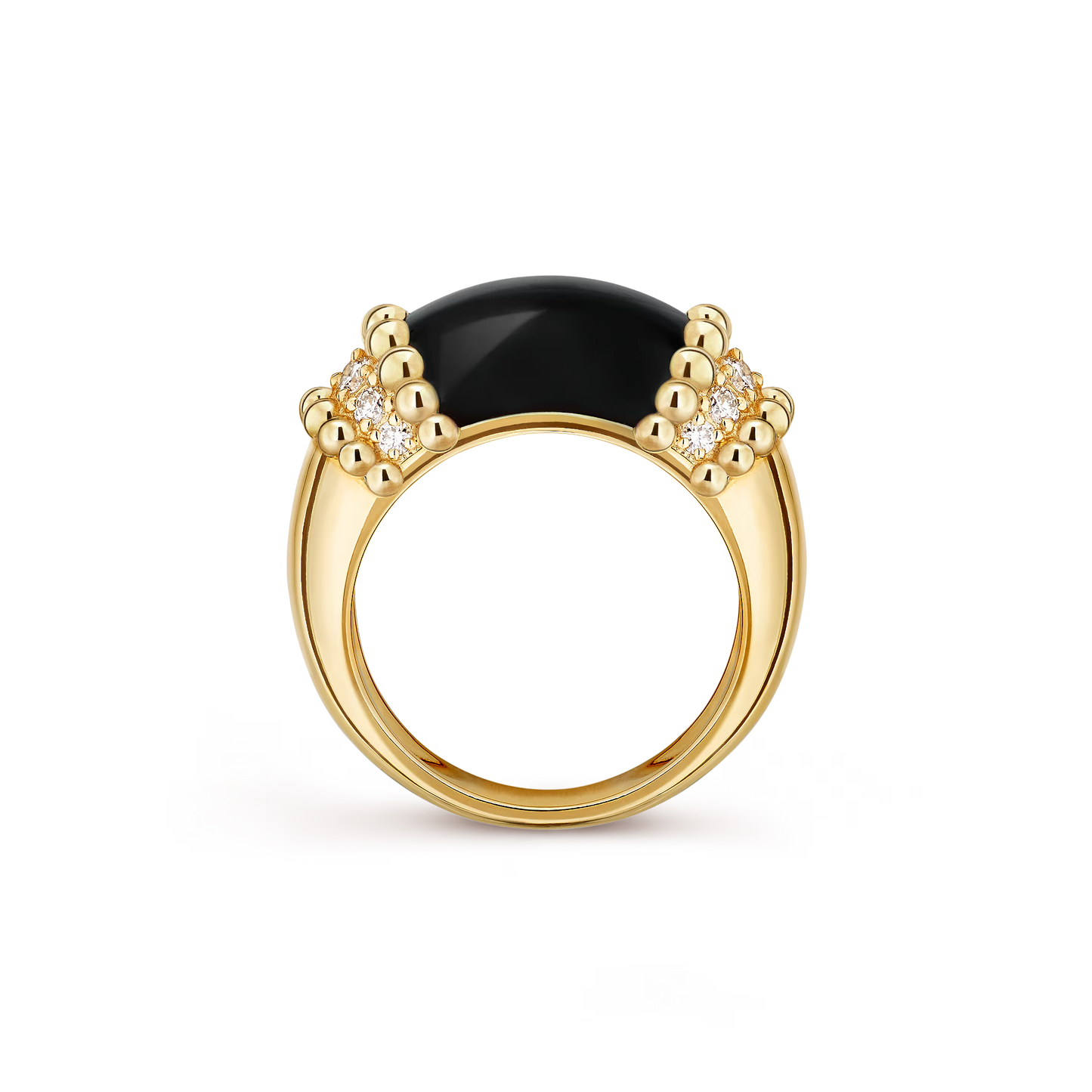 Perlée couleurs ring, 18K yellow gold, onyx, round diamonds.