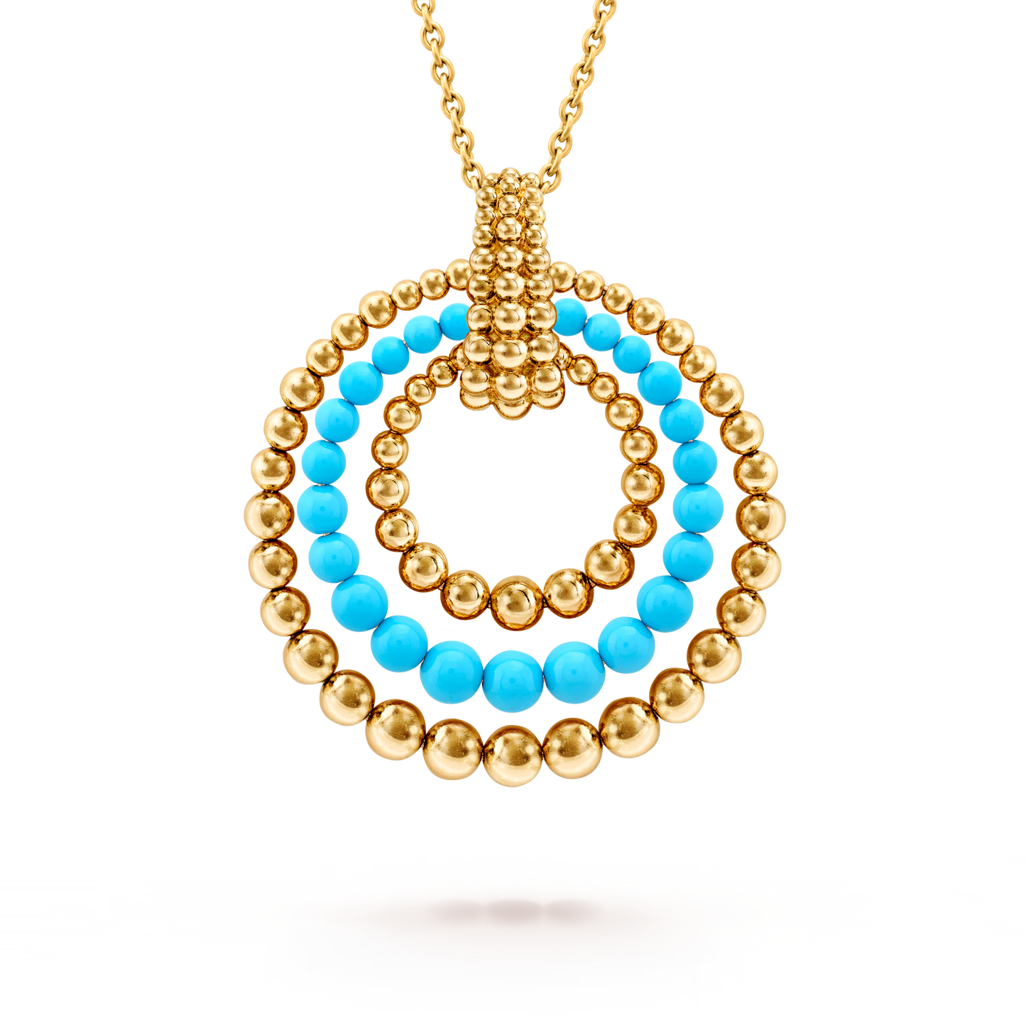 Perlée couleurs transformable long necklace, 18K yellow gold, coral, onyx, turquoise.