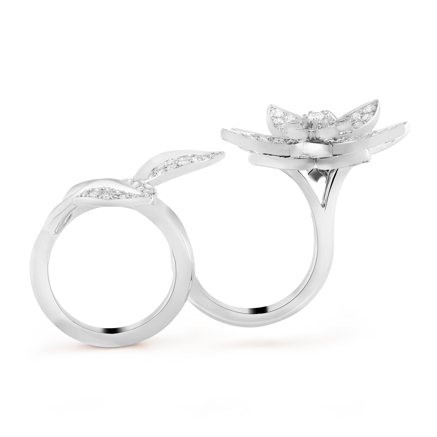 Lotus Between the Finger ring, rhodium plated 18K white gold, round diamonds.