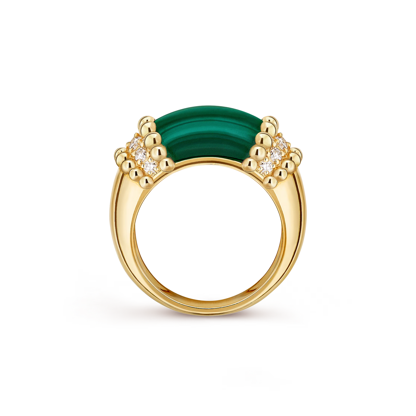 Perlée couleurs ring, 18K yellow gold, malachite, round diamonds.