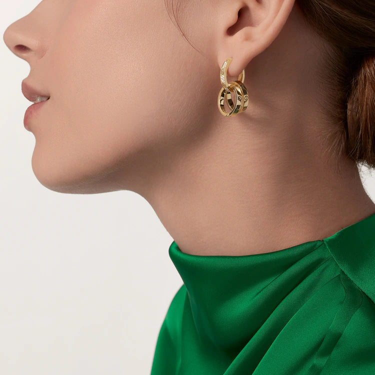 LOVE earrings, multiwear, half-paved. 18k GOLD
