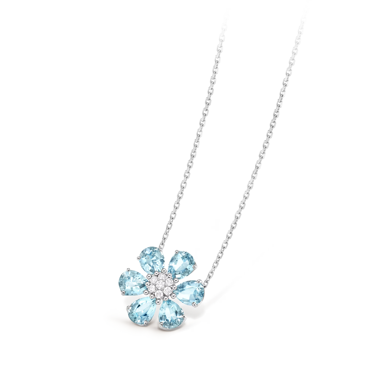 Fleurs d’Hawaï pendant, medium model, 18K white gold, aquamarines, round diamonds.