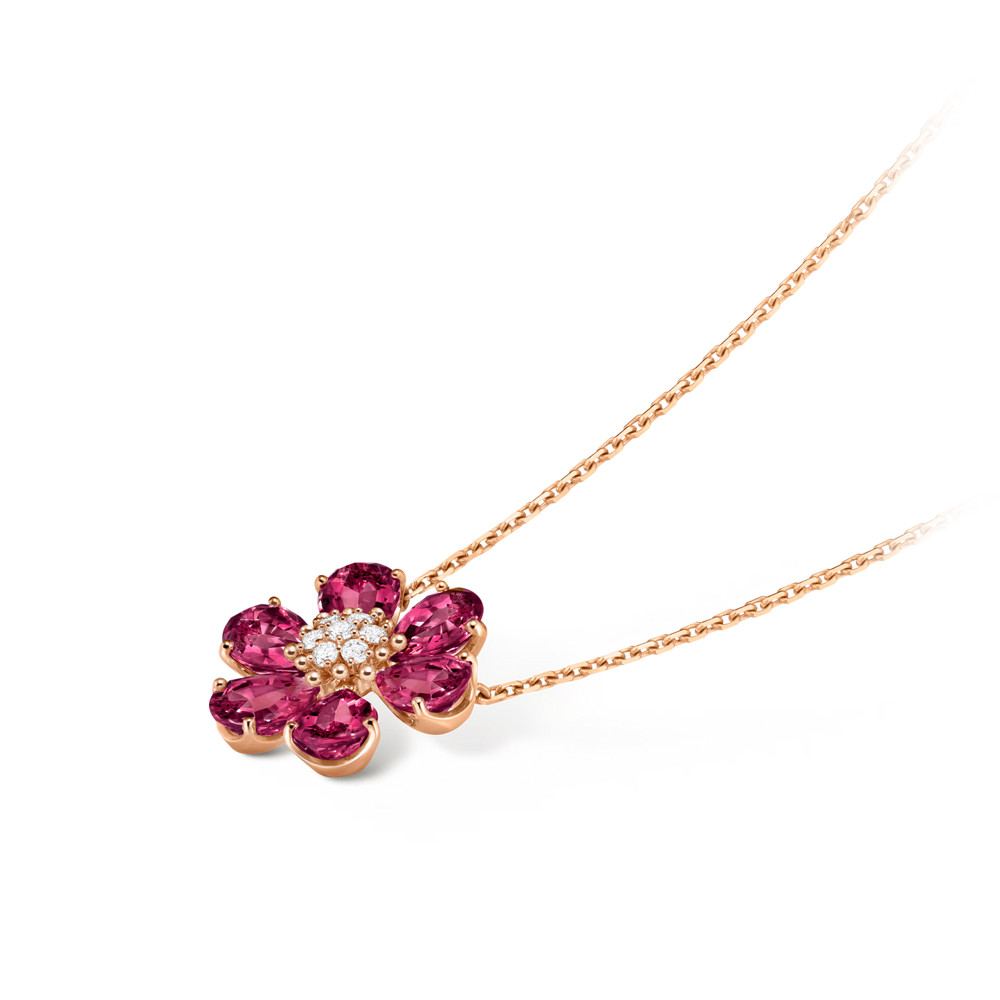 Fleurs d’Hawaï pendant, medium model, 18K rose gold, rhodolites, round diamonds.