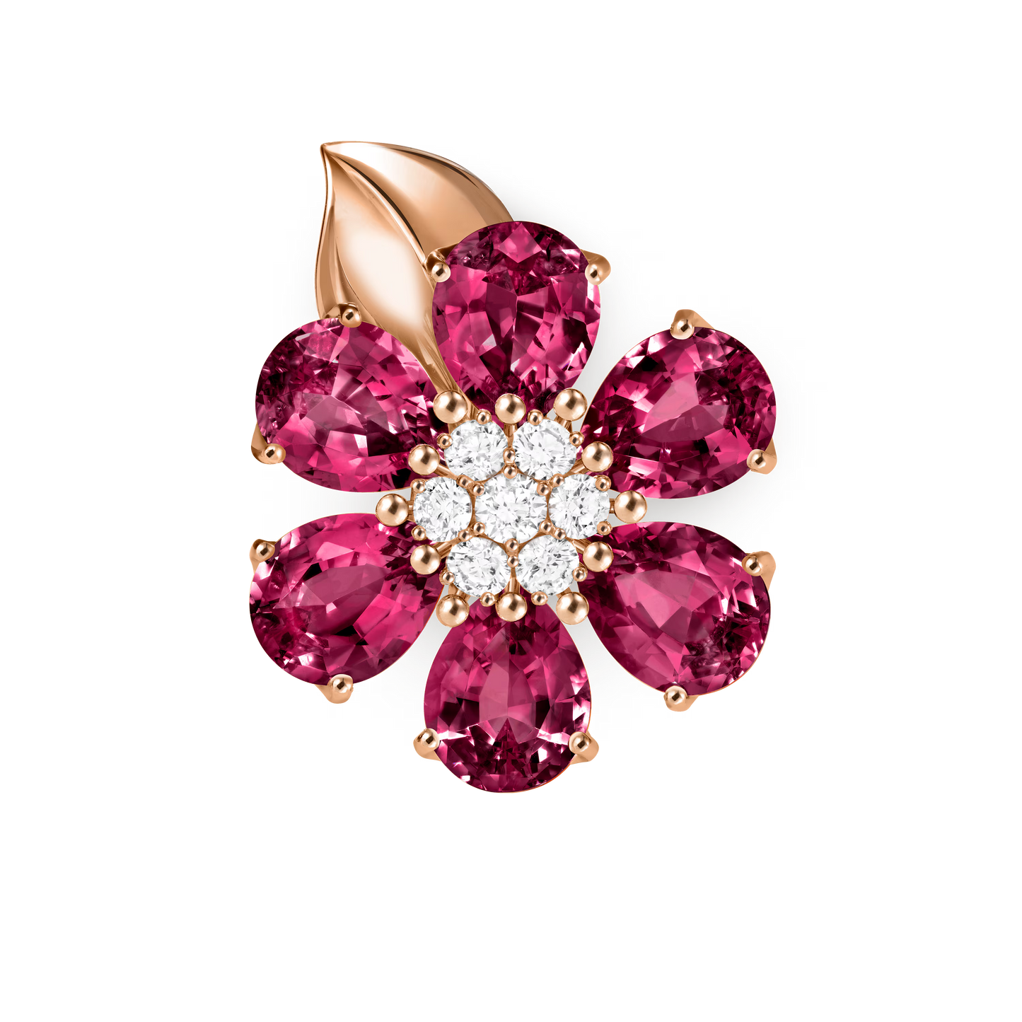 Fleurs d’Hawaï ring, large model, 18K rose gold, rhodolites, round diamonds.