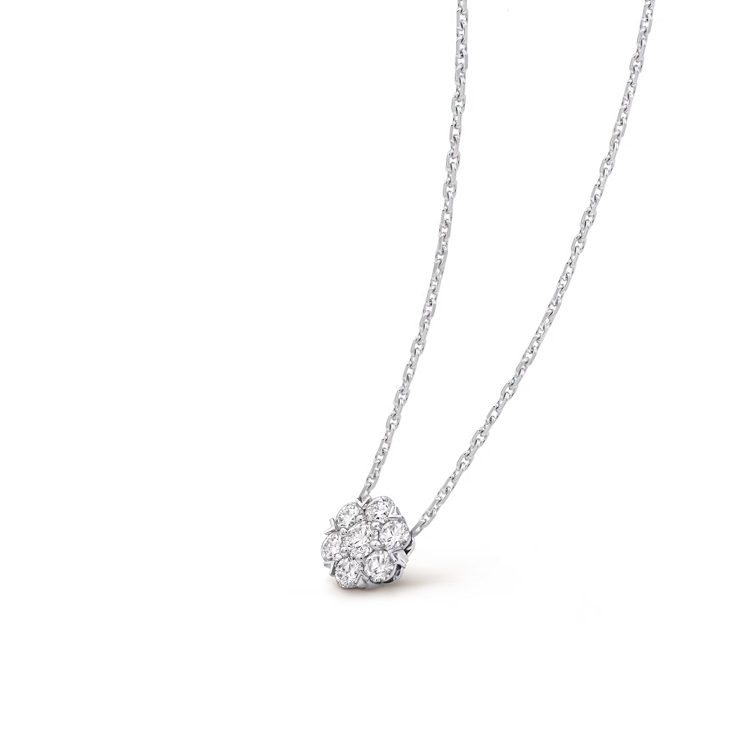 Fleurette pendant, rhodium plated 18K white gold, round diamonds.