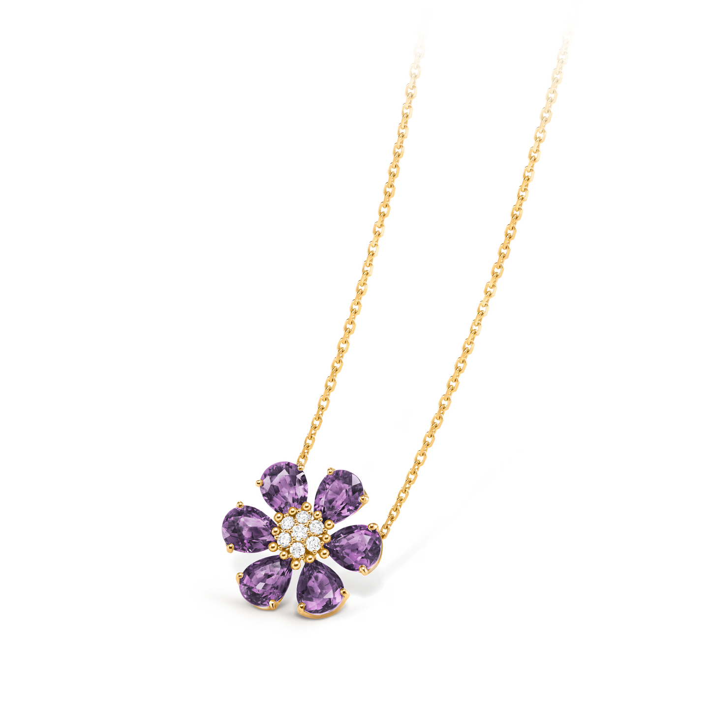 Fleurs d’Hawaï pendant, medium model, 18K yellow gold, amethysts, round diamonds.