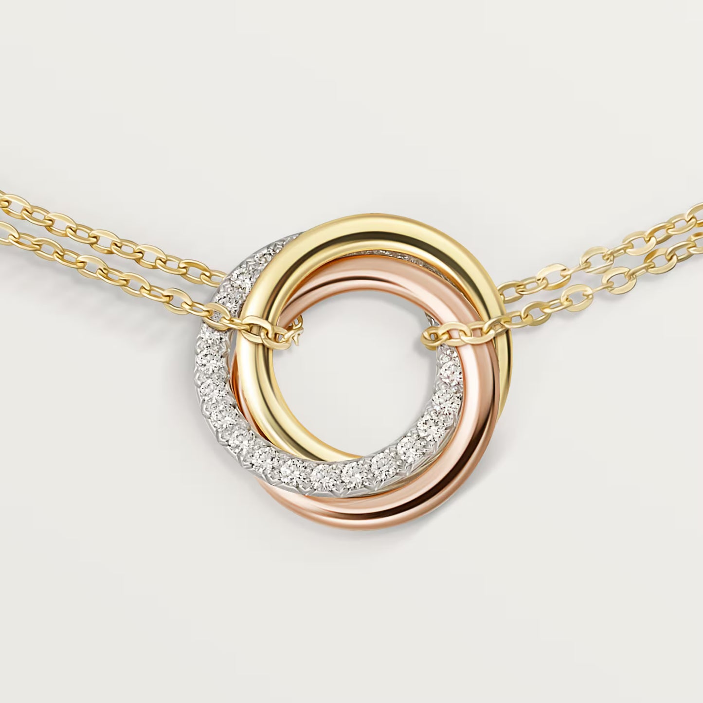 Trinity bracelet 18K white, yellow and rose gold, on chain, diamonds.