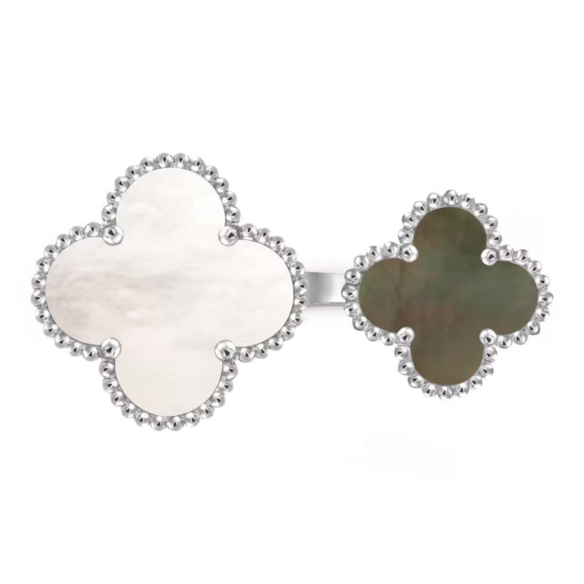 Magic Alhambra Between the Finger ring, rhodium plated 18K white gold, white and gray mother-of-pearl.