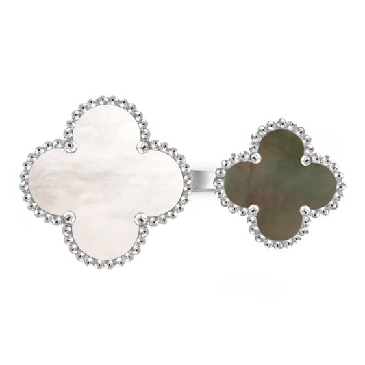 Magic Alhambra Between the Finger ring, rhodium plated 18K white gold, white and gray mother-of-pearl.