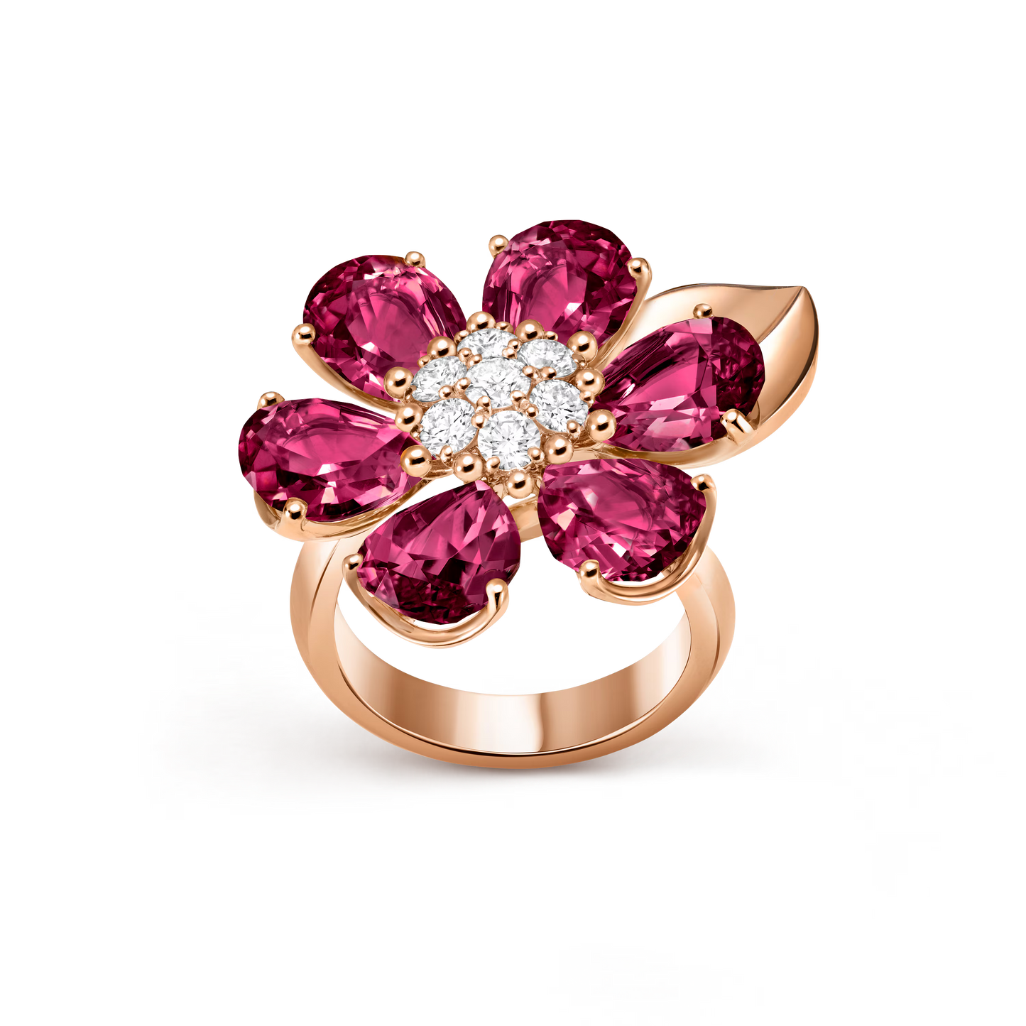 Fleurs d’Hawaï ring, large model, 18K rose gold, rhodolites, round diamonds.