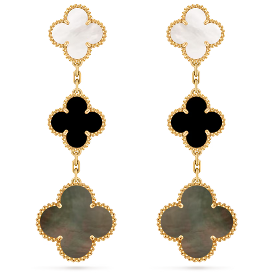 Magic Alhambra earrings, 3 motifs, 18K yellow gold, white and gray mother-of-pearl, onyx.